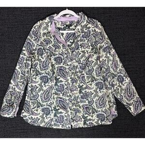 Talbots Womens 14W Paisley Print Button Down Shirt Purlple Green Long Sleeve Top